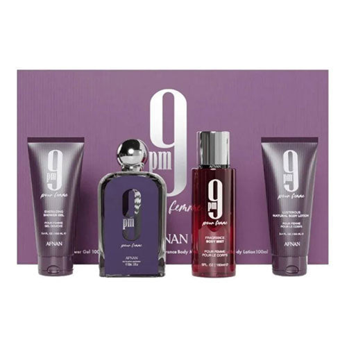 SET AFNAN 9PM FEMME ( 4 PC ) 3.4 OZ EDP SP / 3.4 OZ SG / 3.4 OZ BL / 5.0 OZ BODY MIST