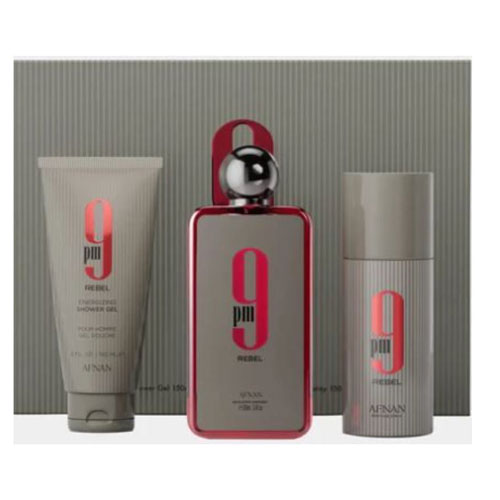 SET AFNAN 9 PM REBEL UNISEX ( 3 PC ) 3.4 OZ EDP SP / 5.0 OZ SG / 5.0 OZ DEO