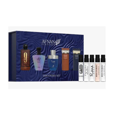 MINI SET AFNAN DISCOVERY FOR MEN ( 5 PC )X0.068 OZ EDP SP 9PM ELIXIR/TURATHI ELECTRIC/RARE REEF/HISTORIC SAHARA/HISTORIC OLMEDA