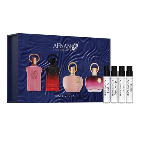MINI SET AFNAN DISCOVERY FOR WOMEN ( 4 PC )X0.068 OZ EDP SP SUPREMACY GALA/SUPREMACY TAPSI ROUGE/SUPREMACY PURPLE/SUPREMACY PINK