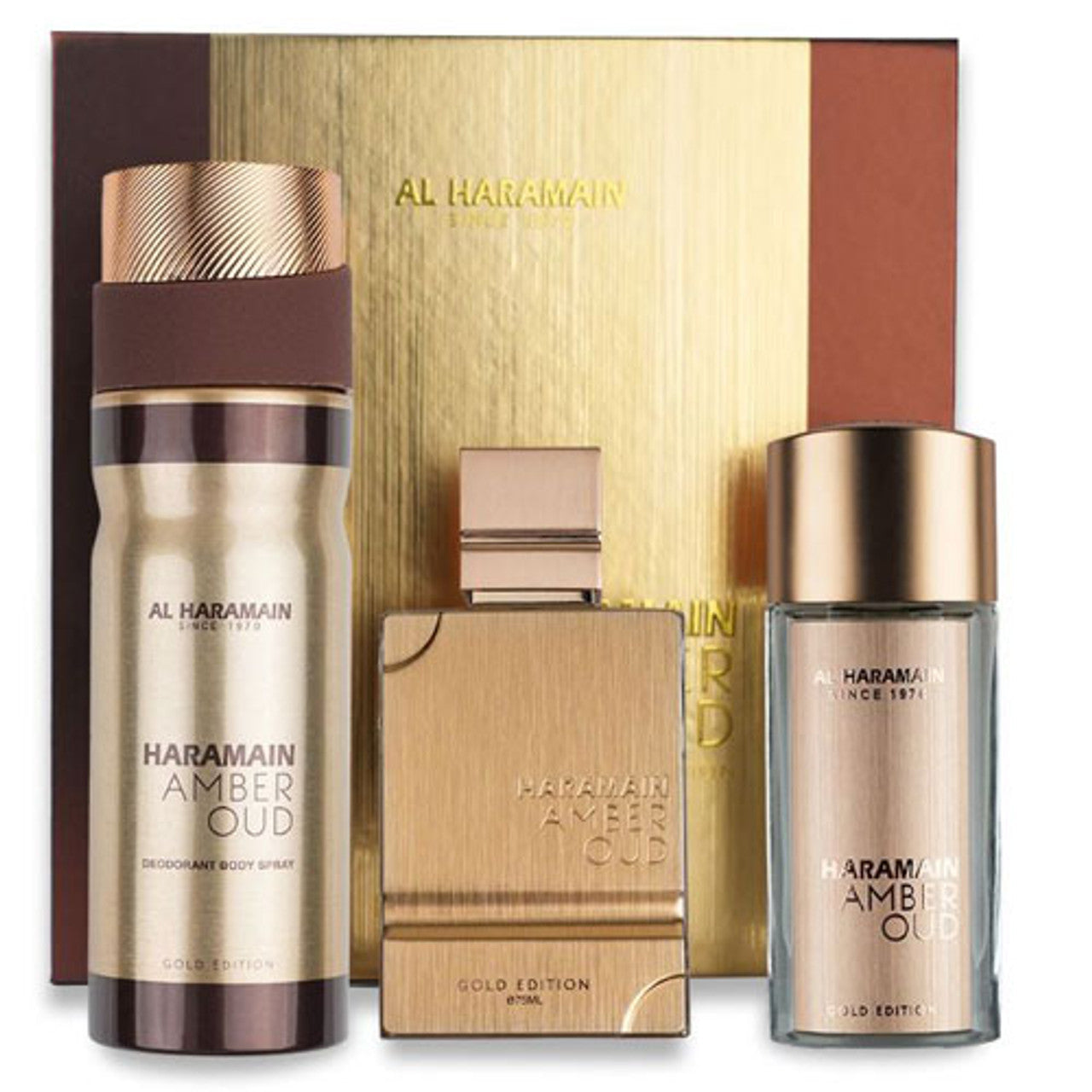 SET AL HARAMAIN AMBER OUD GOLD UNISEX ( 3 PC ) 2.5 OZ /1.0OZ EXTRAIT DE PARFUM/ 6.6 OZ BODY SP