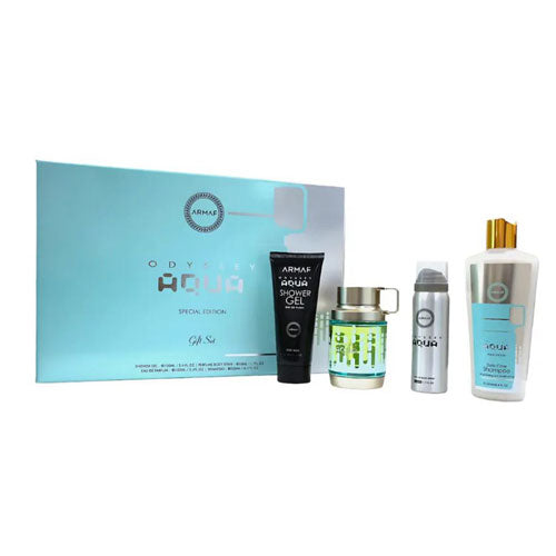 SET ARMAF ODYSSEY AQUA MEN( 4 PC ) 3.4 OZ EDP SP / 3.4 OZ SG / 8.4 OZ SHAMPOO / 1.7 OZ BODY SPRAY