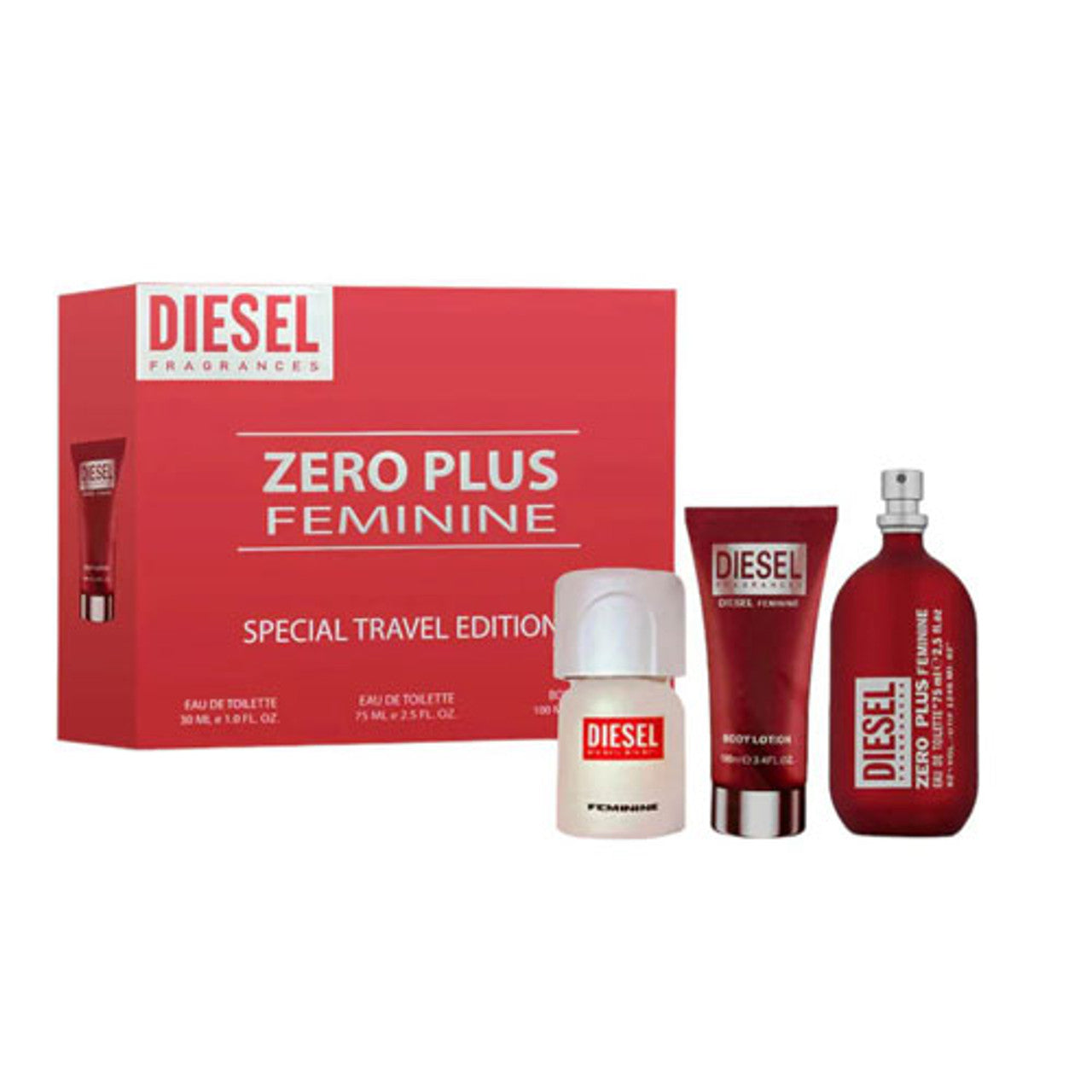 SET TRAVEL DIESEL ZERO PLUS RED WOMEN ( 3 PC ) 2.5 OZ EDT SP / 3.4 OZ BL/ 1.0 OZ PLUS PLUS EDT SP