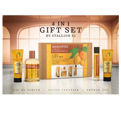 SET EMPER MANGOFIZZ BY STALLION 53 UNISEX (4 PC) 3.4 OZ EDP SP/3.4 OZ SG/3.4 OZ FACIAL CLEANER /0.68 EDP SP