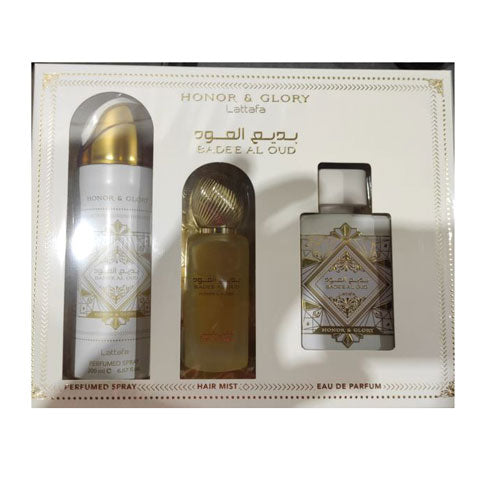SET LATTAFA BADEE AL OUD HONOR AND GLORY MEN( 3 PC )3.4 OZ EDP / 6.7 OZ DEO / 1.7 OZ HAIRMIST