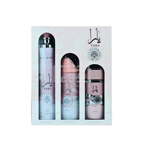 SET LATTAFA YARA (3 PC ) 3.4 OZ EDP SP / 10 OZ AIR FRESHENER / 6.8 OZ PERFUMED SPRAY