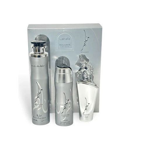 SET LATTAFA MAAHIR LEGACY ( 3 PC )3.4 OZ EDP / 6.76 OZ DEO / 1.7 OZ AIR FRESHENER