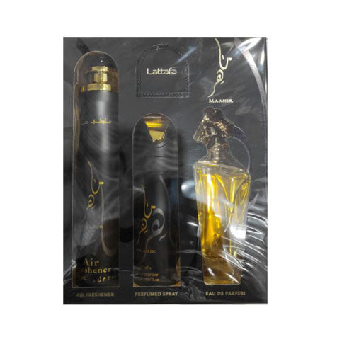 SET LATTAFA MAAHIR UNISEX ( 3PC ) 3.4 OZ EDP / 6.67 OZ DEO / 10.14 AIR FRESHENER