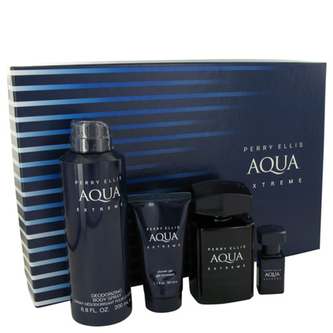 SET PERRY ELLIS AQUA EXTREME ( JUEGO DE 4 PIEZAS ) 3.4 OZ EDT + 6.8 OZ DEO SPRAY + GEL + MINI