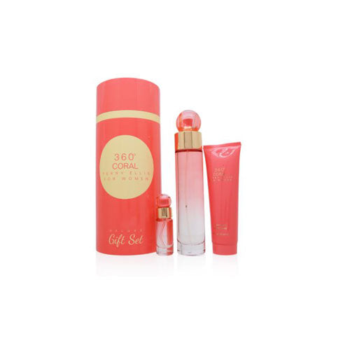 SET PERRY ELLLIS 360 CORAL WOMEN (3 PC ) 3.4 OZ EDP SP/3.0 OZ SG +MINI