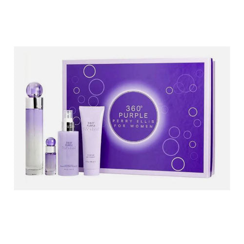 SET PERRY ELLIS 360 PURPLE WOMEN (4 PC ) 3.4 OZ EDP /4.0 OZ MIST /3.0 OZ SG /MINI