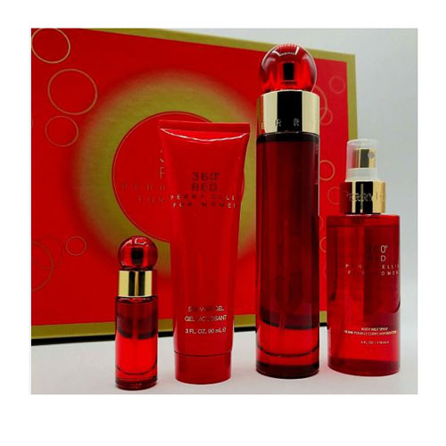 SET PERRY ELLIS 360 RED FOR WOMEN ( 4 PC ) 3.4 OZ EDT,3.0 OZ SG/4.0 OZ BM /0.25 OZ EDT MINI