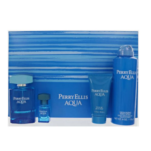 SET PERRY ELLIS AQUA (4PC) 3.4 OZ EDT / 6.8 OZ DEO BODY SPRAY / 1.7 OZ SG / MINI