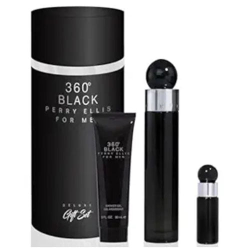 SET PERRY ELLIS 360 BLACK MEN ( 4 PC ) 3.4 OZ EDT / 3.0 OZ SG /3.0 OZ A/SH BALM / MINI