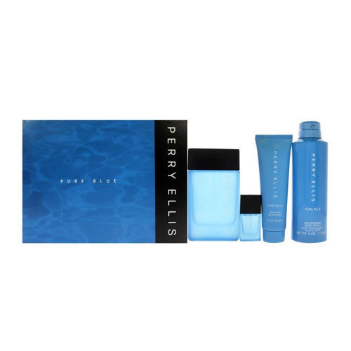 SET PERRY ELLIS PURE BLUE MEN (4PC) 3.4 OZ EDT SP / 3.0 OZ S/GEL / 6.0 OZ DEO + MINI