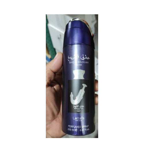 BODY SPRAY LATTAFA PRIDE DEO “ISHQ AL SHUYUKH SILVER I”UNISEX 6.7 OZ