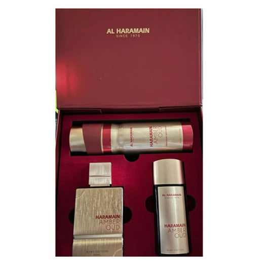 SET AL HARAMAIN AMBER OUD RUBY UNISEX ( 3 PC ) 2.5 OZ /1.0OZ EXTRAIT DE PARFUM/ 6.6 OZ BODY SP