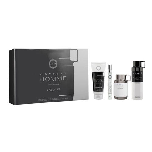 SET ARMAF ODYSSEY WHITE MEN (4 PC ) 3.4 OZ EDP / 0.34 OZ TRAVEL / 3.4 OZ SG / 6.8 BS