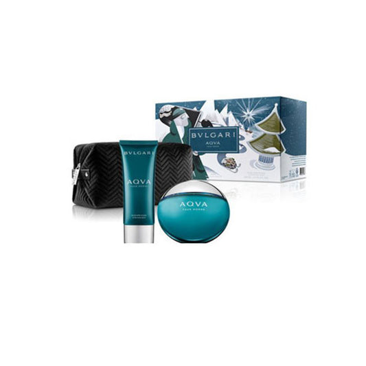 SET BVLGARI AQVA POUR HOMME ( 3 PC ) 3.4 OZ. EDP SP / 3.4 OZ. SB / POUCH-COFFRET