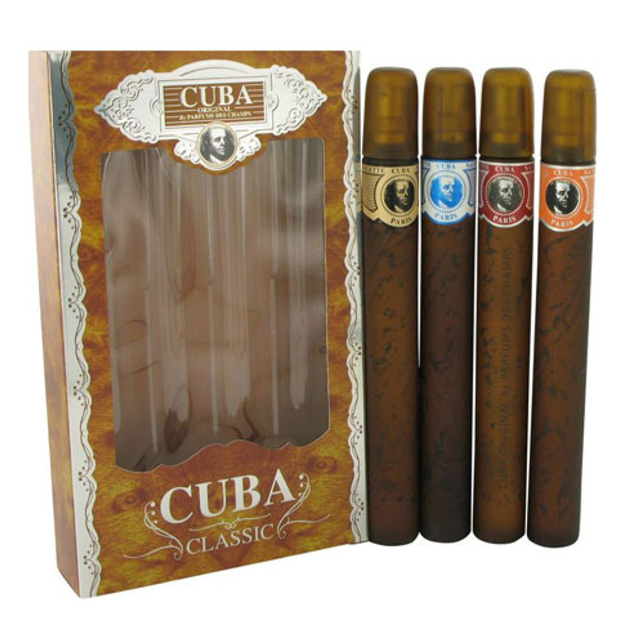 SET CUBA MEN SET 4 PCS 1.17 OZ EACH BLUE/GOLD/ORANGE/RED
