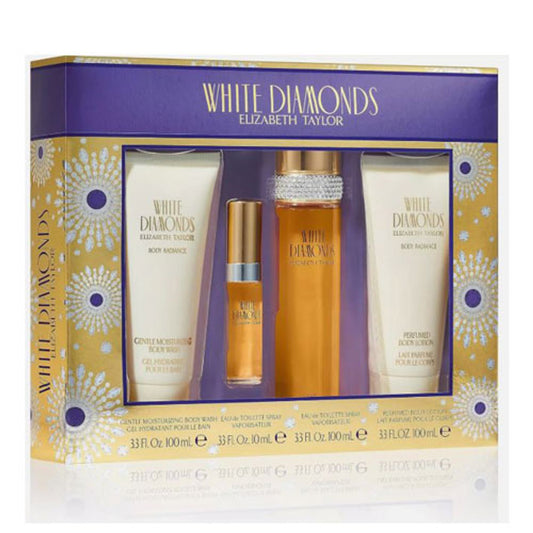 SET ELIZABETH TAYLOR WHITE DIAMONDS WOMEN ( 4 PC ) 3.3 OZ EDT SP / 0.33 OZ EDT SP / 3.3 OZ BL / 3.3 OZ BW