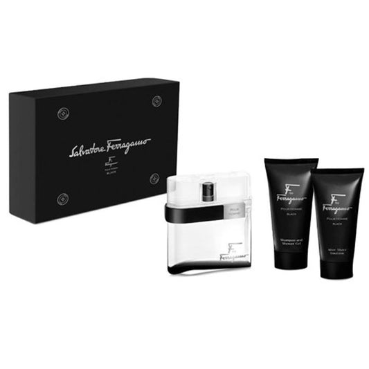 SET SALVATORE FERRAGAMO-F-BLACK MEN( 3PC ) 3.4 OZ EDT SP / 2.5 OZ SG / 2.5 OZ A/S BALM
