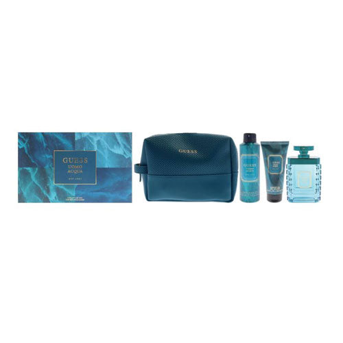 SET GUESS UOMO ACQUA MEN ( 4PC ) 3.4 OZ EDT SP /6.0 OZ DS /3.4 OZ SG / POUCH