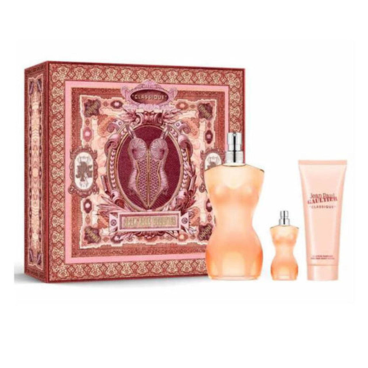 SET JEAN PAUL GAULTIER CLASSIQUE WOMEN (3 PC ) 3.4 OZ EDT SP / 2.5 OZ BL / 0.20 OZ EDT MINI