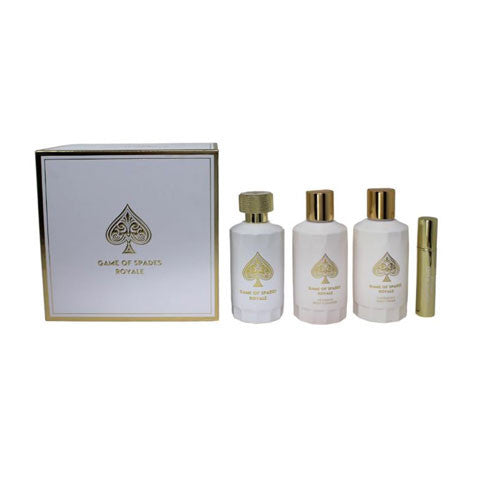 SET JO MILANO GAME OF SPADES ROYALE UNISEX ( 4 PC ) 3.4 OZ PARFUM / 6.8 OZ AROMATIC BODY/ 6.8 OZ BODY CREAM / 0.27 OZ REFILLABLE ATOMIZER
