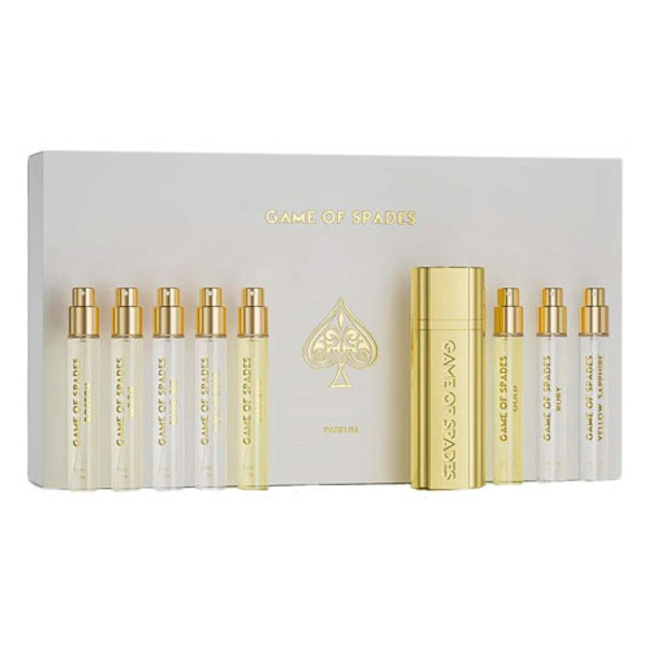 SET JO MILANO GAME OF SPADES PARFUM COFFRET II ( 9 PC )BOSTON ,MOON,BLIND-BID,FULL-HOUSE,HIGH ROLLER,DIAMOND,GOLD,RUBY,YELLOW SAPPHIRE 0.34 OZ