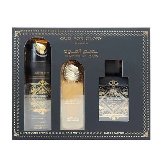 SET LATTAFA BADEE AL OUD GLORY ( 3 PC ) 3.4 OZ EDP / 6.7 OZ DEO / 1.7 OZ HAIRMIST