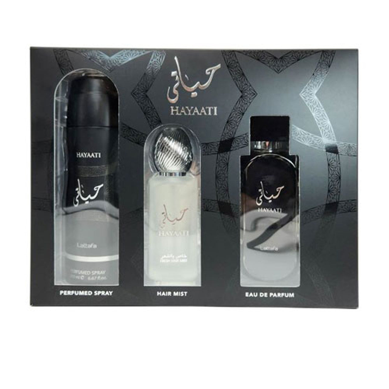 SET LATTAFA HAYAATI ( 3 PC ) 3.4 OZ EDP / 6.7 OZ DEO / 1.7 OZ HAIRMIST