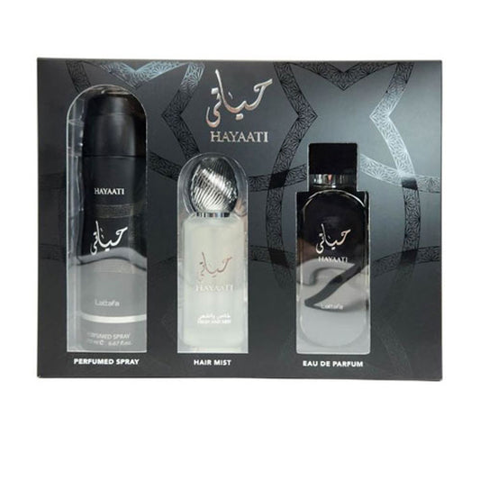 SET LATTAFA HAYAATI ( 3 PC ) 3.4 OZ EDP / 6.7 OZ DEO / 1.7 OZ HAIRMIST