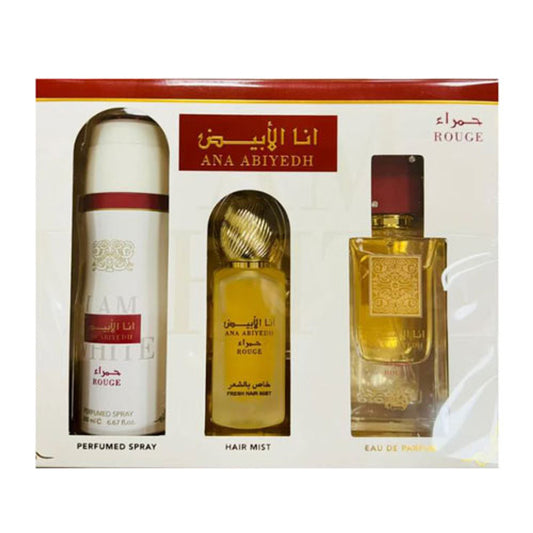 SET LATTAFA ANA ABIYEDH ROUGE UNISEX ( 3 PC ) 3.4 OZ EDP / 6.7 OZ DEO / 1.7 OZ HAIRMIST
