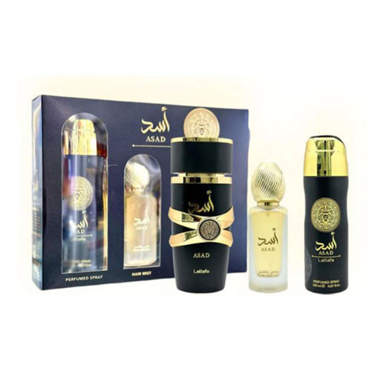 SET LATTAFA ASAD UNISEX ( 3 PC )3.4 OZ EDP / 6.7 OZ DEO / 1.7 OZ HAIRMIST