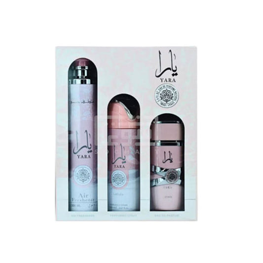 SET LATTAFA YARA (3 PC ) 3.4 OZ EDP SP / 10 OZ AIR FRESHENER / 6.8 OZ PERFUMED SPRAY