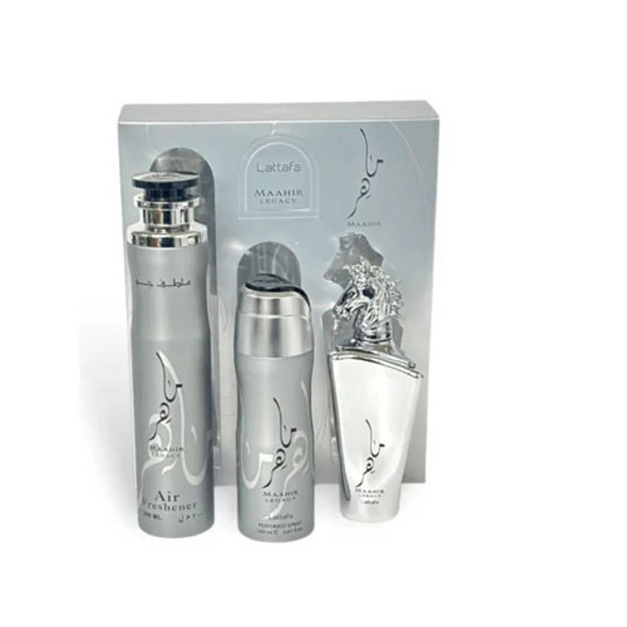 SET LATTAFA MAAHIR LEGACY ( 3 PC )3.4 OZ EDP / 6.76 OZ DEO / 1.7 OZ AIR FRESHNER
