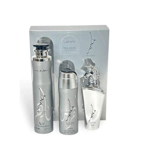SET LATTAFA MAAHIR LEGACY ( 3 PC )3.4 OZ EDP / 6.76 OZ DEO / 1.7 OZ AIR FRESHNER