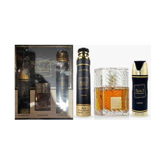 SET LATTAFA KHAMRAM UNISEX ( 3 PC )3.4 OZ EDP / 6.7 OZ DEO / 10.10 OZ AIR FRESHENER