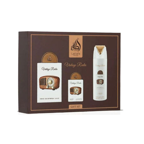 SET LATTAFA  VINTAGE RADIO UNISEX  (3 PC ) 3.4 EDP / 0.68 EDP / PERFUMED SPRAY 6.7 OZ