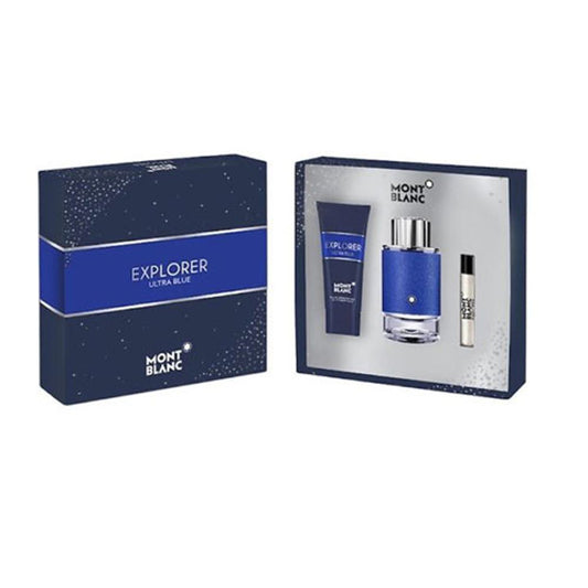 SET MONT BLANC EXPLORER ULTRA BLUE MEN ( 3 PC SET ) 3,4 OZ EDP / 7.5ML SPRAY / 3.4 OZ SG
