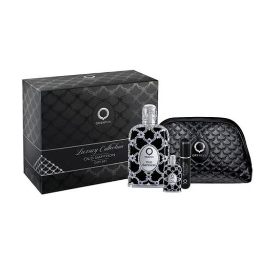SET ORIENTICA LUXURY COLLECTION OUD SAFFRON UNISEX ( 4 PC ) 2.7 OZEDP / 0.25 OZ MINI / ATOMIZER / POUCH GIFT