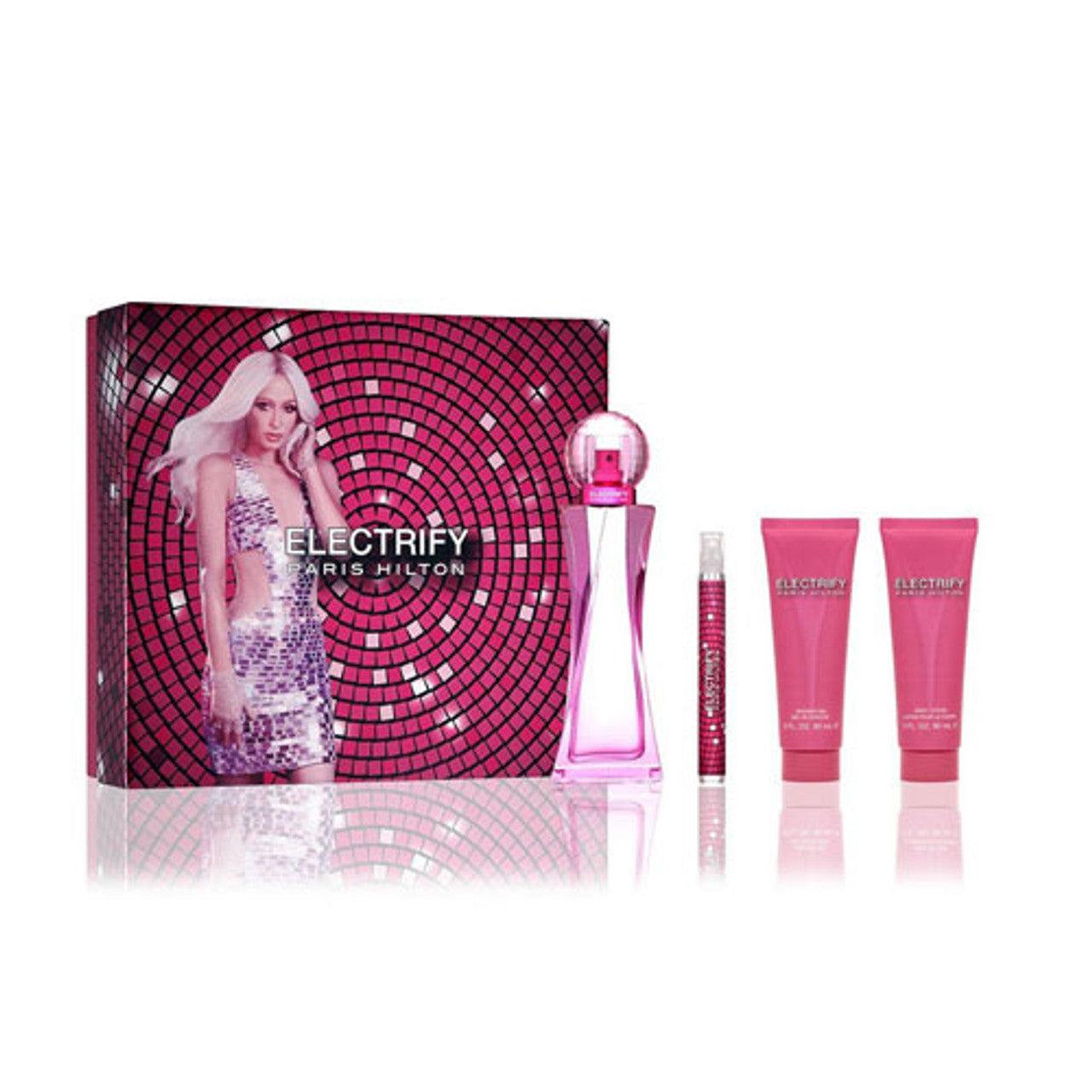 SET PARIS HILTON ELECTRIFY WOMEN 4 PC 3.4 OZ EDT / 3.0 OZ. BL / 3.0 OZ. GEL / ROLL-ON MINI