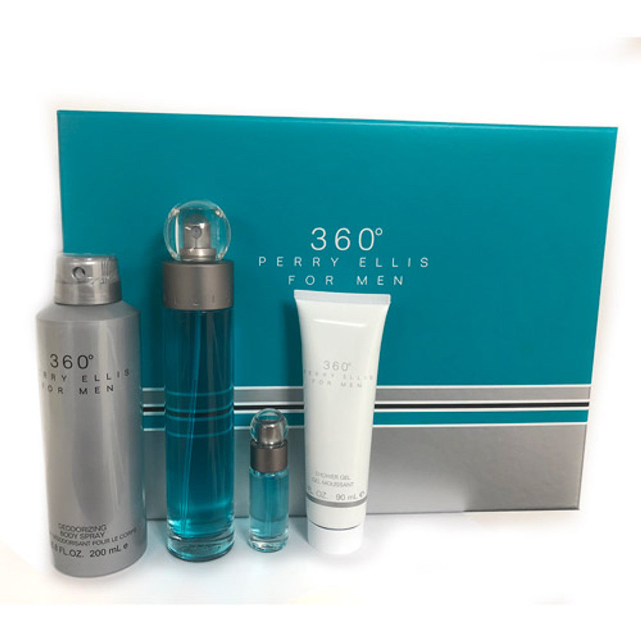 JUEGO PERRY ELLIS 360 HOMBRES ( JUEGO DE 4 PIEZAS ) CAJA TURQUESA 3.4 OZ EDT / 3.0 OZ SG /EUT 0.25 OZ MINI / 6.8 OZ. CUERPO