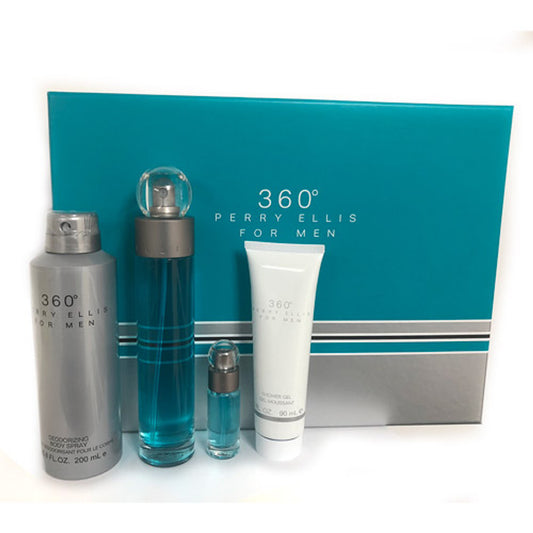 JUEGO PERRY ELLIS 360 HOMBRES ( JUEGO DE 4 PIEZAS ) CAJA TURQUESA 3.4 OZ EDT / 3.0 OZ SG /EUT 0.25 OZ MINI / 6.8 OZ. CUERPO