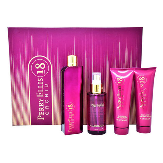 SET PERRY ELLIS 18 ORQUÍDEA MUJER ( JUEGO DE 4 PIEZAS ) 3.4 OZ. EDP/ 4.0 OZ. BM/ 3.0 LOT/ 2.0 GEL