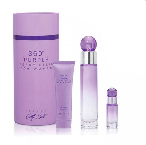 SET PERRY ELLIS 360 PURPLE ( 3 PC SET ) 3.4 OZ. EDP / 3.0 OZ. G / MINI - CANISTER