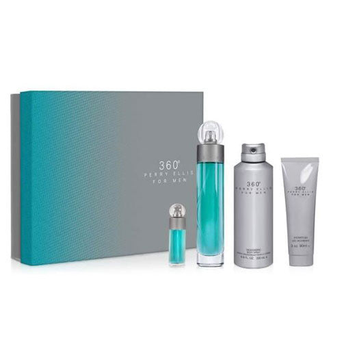 SET PERRY ELLIS 360 MEN ( 4PCS SET ) TURQUOISE BOX 3.4 OZ EDT / 3.0 OZ SG /EUT 0.25 OZ MINI / 6.8 OZ. BODY (NEW UPC)