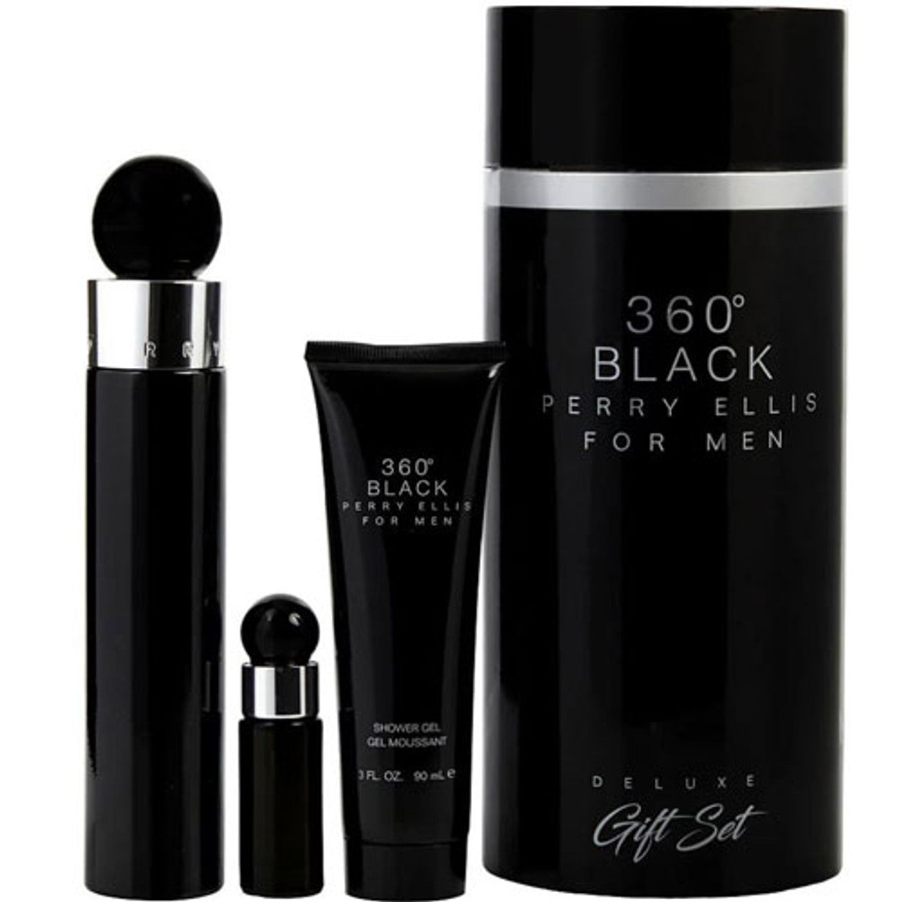 SET PERRY ELLIS 360 COLLECTION NOIR MEN 3.4 OZ EDT SP / 3.0 OZ GEL / 0.25 OZ MINI