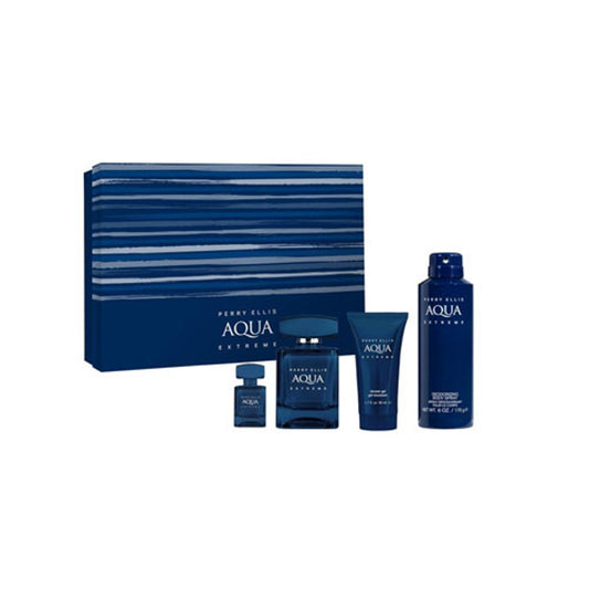 PERRY ELLIS AQUA EXTREME (4 PIEZAS) 3.4 OZ EDT / 6.8 OZ DEO SPRAY CORPORAL / 1.7 OZ S / GEL + MINI